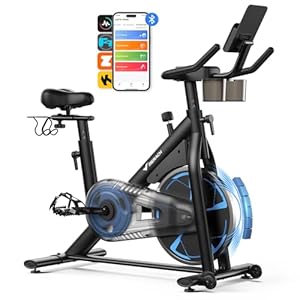 Merach Magnetic Exercise Bike, Low Noise Stationary Bike for Home with Comfortable Seat Cushion, Spinning Bike with 330 lb Weight Capacity, Exclusive App, Tablet Mount and Fitness Courses