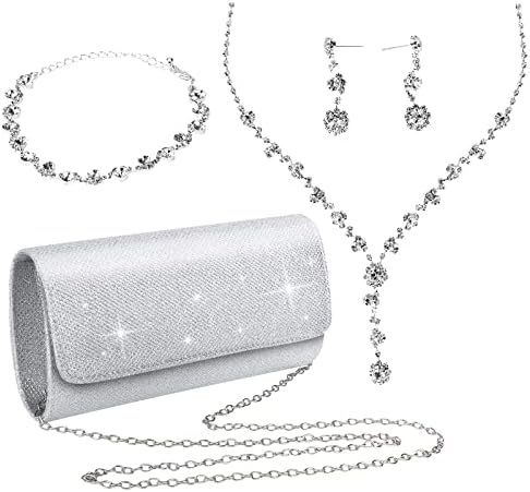 OUTLEE Rhinestone Jewelry Set for Woman Silver Clutch Purses Wedding Bridal Jewelry Rhinestone Bracelet Rhinestone Necklace Dangle Ear Clip for Bridal Wedding Party