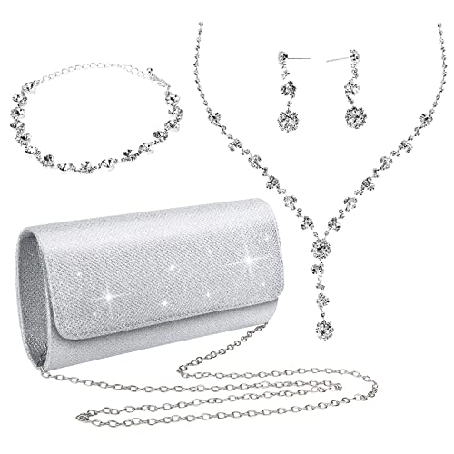 Outlee Rhinestone Jewelry Set For Woman Silver Clutch Purses Wedding Bridal Jewelry Rhinestone Bracelet Rhinestone Necklace Dangle Ear Clip For Bridal Wedding Party #TOP2