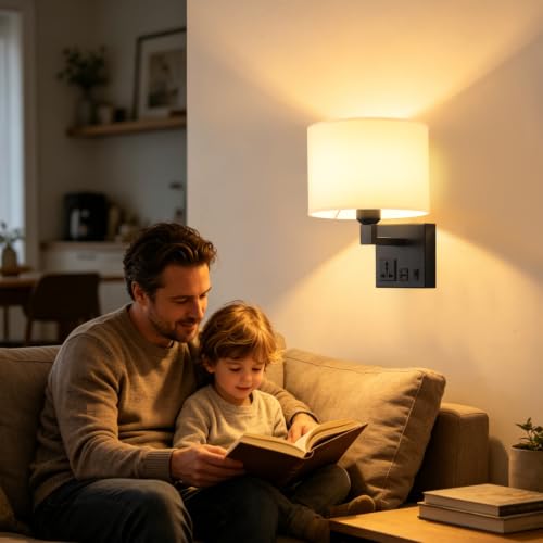 Image of Plug in Wall Sconce, Wall Lamp with Black Base Cylindrical Shape | Wall Lamps for Bedroom Living Room Hotel, Dimmable 1pcs Bulb Included, Bedside Lamp with AC Outlet & USBA+C Charging Port