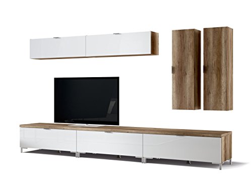 CS Schmal Wohnwandkombination | 3x TV-Board Cleo Typ 10 + 4 Hängeregale 218 x 50 x 175 cm in wildeiche / weißglas | 45.150.505/043 - 45.150.505/043 CS Schmal Wohnwandkombination | 3x TV-Board Cleo Typ 10 + 4 Hängeregale 218 x 50 x 175 cm in wildeiche / weißglas | 45.150.505/043