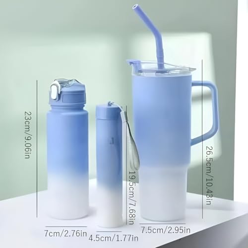 Image of Large Handle Water Bottle with Straw for Desk, Office, Travel - 1200 /900 /300 ML Gradient & Matte Hydration Bottle Set (Multi Sky Blue)