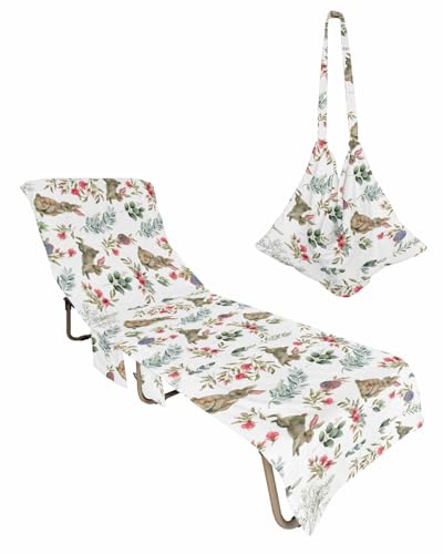 Botanical Spring Beach Chair Towel Covers for Chaise Lounge with Side Pocket, Soft Plush Pool Towels Cover for Patio Sunbathing Outdoor 29''x85'' Easter Rabbits Eggs Eucalyptus Leaves Flower