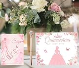PINKEESEA 3 Pcs Quinceañera Guest Book Set with Sign Here Card and Rose Gold Diamond Pen - Hardcover Signature Book, Libro De Firmas para 15 Años - 15th Quinceanera Party Favors & Decorations