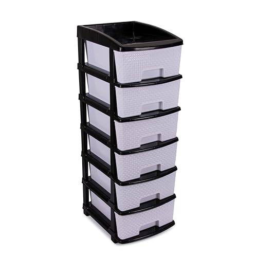 Image of Plastic Modular Drawer Storage Chest Of Drawers Organizer Storage Box, Large Stomo Racks For Multipurpose Anti-slip Shoes Organizers (White & Black, 6 Layer)