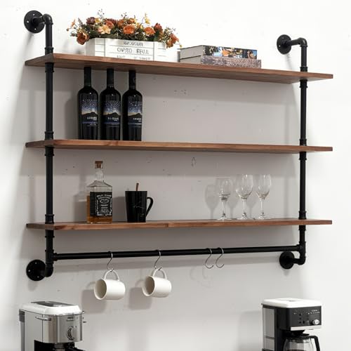 OLDRAINBOW Industrial Pipe Shelving Pine Shelf,Pipe Shelves with Wood Planks,Wall Mounted Bookshelf,Floating Bar Shelves(3 Tier 42In)