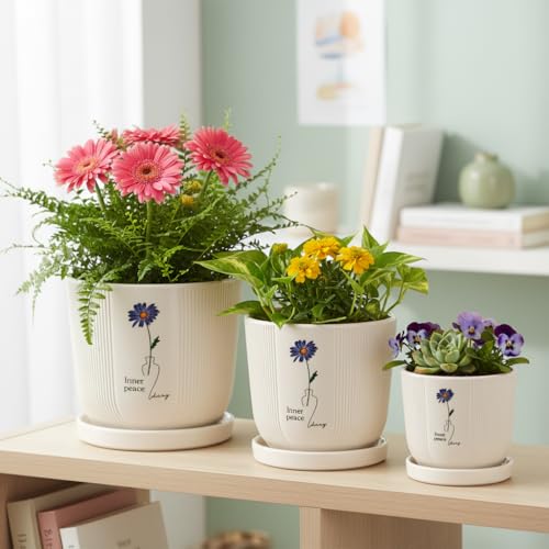 Image of Xtore Serene Floral Ceramic Planter Set with Drainage Saucers | Decorative Planter Pots for Living Room & Contemporary Plant Display (Set of 3, Ivory Beige - Planters only)
