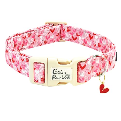 Image of Valentine's Pink Line Love-Heart Dog Collar for X-Small Dogs | Valentine Pet Outfit,Wedding,Anniversary,Daily Walks,Adjustable,Cotton Fabric,Quick Release Plastic Buckle,Pendant,Female Dog