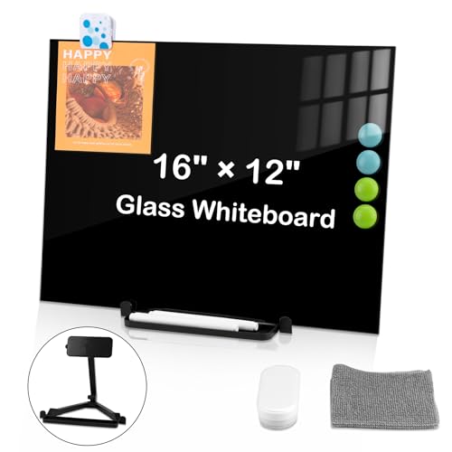 Pechor Glass Whiteboard with Stand Desktop Magnetic A3 Dry Erase White Board 30 x 40 cm Small Portable Whiteboards Easel Tabletop, Reusable Tempered Glass White Boards for Desk Office Home, Black