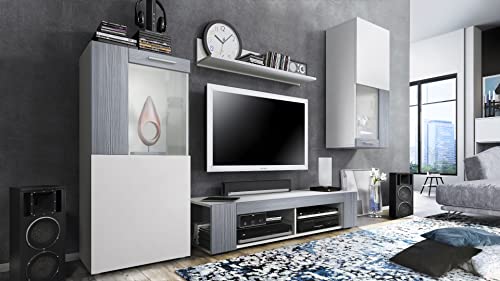 Vladon Ensemble de Salon Movie Comprenant 1 Meuble Bas TV, 2 vitrines et 1 étagère, Blanc Mat/Avola-Anthracite, (Dimensions totales : 300 x 190 x 39 cm)