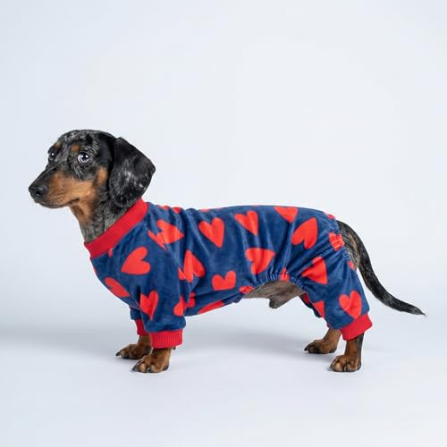 Image of Fitwarm Valentines Day Sweet Hearts Dog Pajamas, Dog Winter Clothes for Small Dogs Girl Boy, Lightweight Velvet Pet Jumpsuit, Cat Onesie, Dark Blue, Red, Large