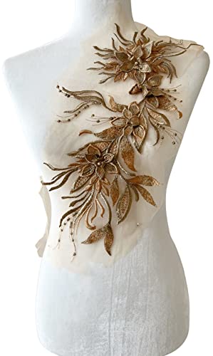 Pepperlonely 1Pc 3D Lace Tassel Flower Sew On Embroidered Lace Applique Wedding Dress Bride's Gown Headdress Adornment Diy Patch Clothing Accessories, 7.85 X 16 Inches, Golden Brown #TOP1