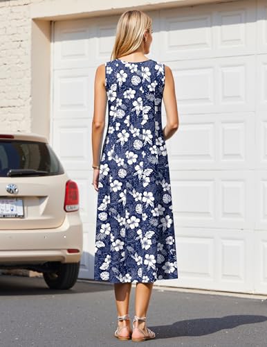 Image of HOTOUCH Summer Casual Dresses for Women Sleeveless Midi Dress Swing Tank Sundress Pleated Tshirt Dress with Pockets