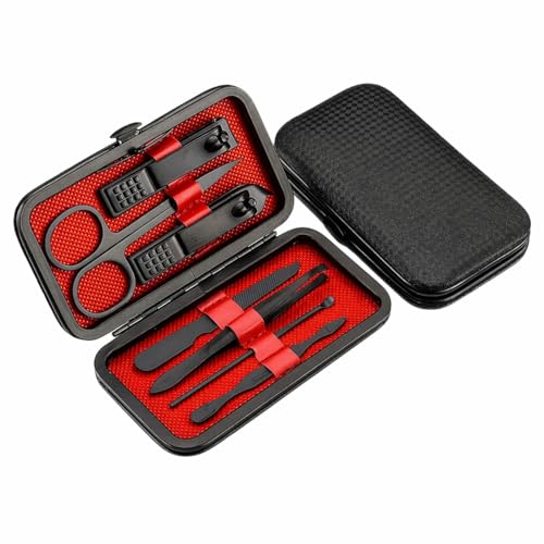 Kit Manicure 7 Peças em Aço Inoxidável, Estojo Portátil com Cortador de Unhas, Alicate e Tesoura, Preto e Vermelho Estojo Compacto para Viagens e Uso Pessoal e Profissional
