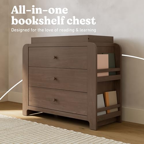 Image of Graco Read-with-Me 3 Drawer Chest with Bookshelves and Removable Changing Topper - GREENGUARD Gold Certified, Nursery & Kids' Bedroom Wood Chest with Spacious Storage (Hazelnut)