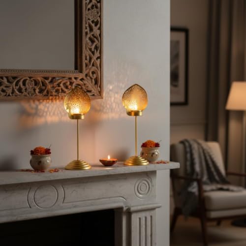 Image of 2 Metal Tea Light Holder Stand | Peacock Yellow Candle Holder Home Decor | Perfect for Living Room, Bedroom, Pooja Space, Festive Decor, Weddings, Housewarming & Gifting Ideal for Diwali, Wedding