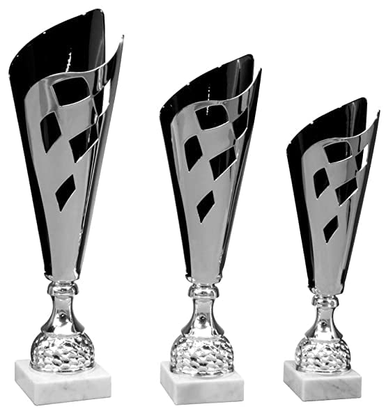 Motorsport Pokal Silber-Schwarz - Trophäe mit Gravur & Wunschtext - 47,5 cm | Großer Siegerpokal für Kart & Autorennen, individualisierbare Auszeichnung, robustes Design in 3 Größen oder als Set