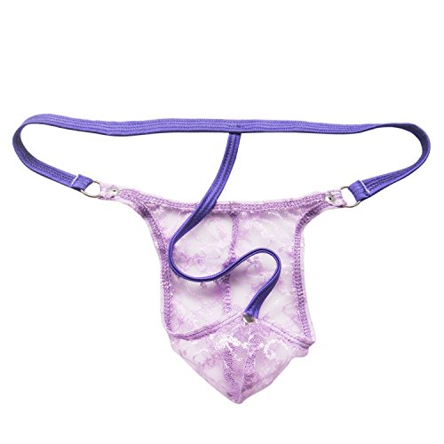 Agoky Mens Sissy Lingerie Floral Lace G-String Thongs Bulge Pouch Low Waisted Panties Bikini Briefs Underwear Purple Large #TOP1