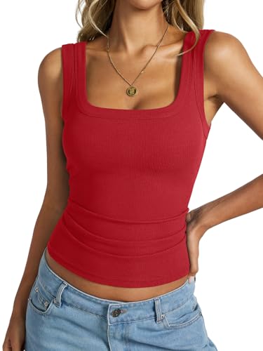 EasyGala Womens Cotton Ribbed Square Neck Tank Tops Basic Backless Camisole Sleeveless Slim Fit Wide Shoulder Strap Summer Clothes 2025 Red Small