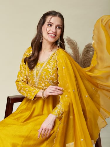 Image of MOKOSH Women's Silk Anarkali Kurta Pant with Dupatta | Anarkali Kurta Set | Embroidered | 3 Piece Outfit | Floral Ethnic Suit 4 Colour Options Available