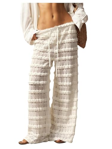 Women's Lace Ruffle Layered Vacation Beach Pants Drawstring Waist Mesh Wide Leg Pants Boho Trousers