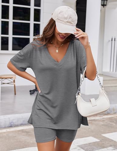 Image of Ekouaer Womens Pajamas 2 Piece Lounge Sets Oversized V Neck T-Shirts Tops Biker Shorts Set Workout Reversible Tracksuit S-XXL