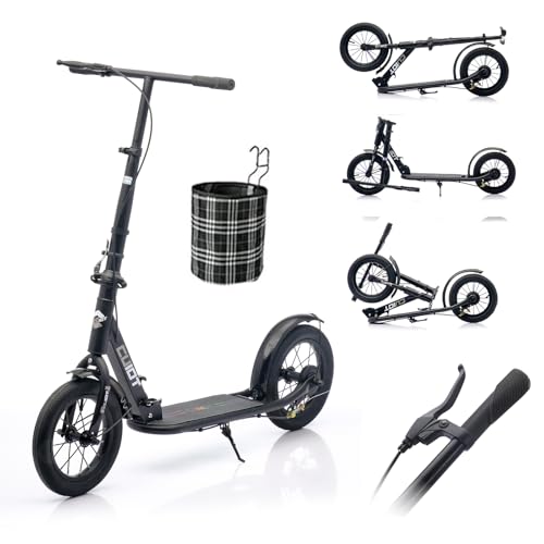 GHBXJX Scooter für Erwachsene & Jugendliche, Höhenverstellbarer Klapproller mit Korb, Tretroller luftreifen mit Handbremse und Fußbremse, bis zu 150kg, ideal Wahl für Pendler und Reisende (1-SCHWARZ)