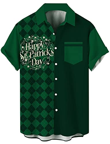 Camisa de bolos vintage de los años 50 retro de manga corta con botones, St Pattys Day-plaid, Large