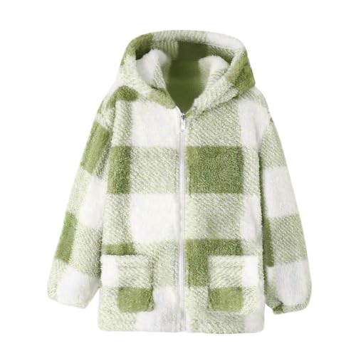 Girls Fleece Jacket with Pocket Youth Sherpa Ears Zipper Plaid Shacket Fall Fashion Hooded Outwear Warm Kids Clothes