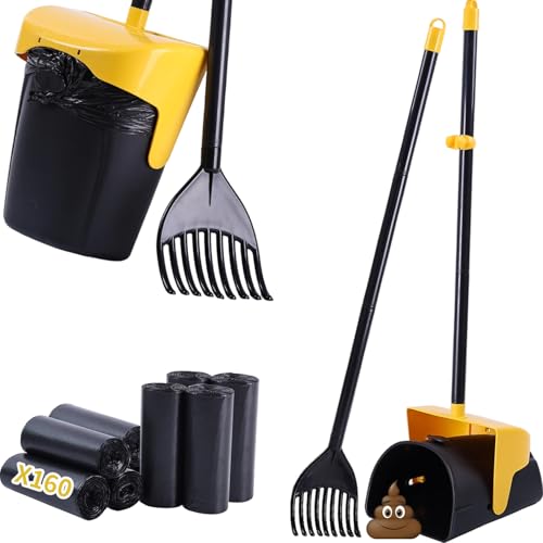 Image of ienjoyed Pooper Scooper Large Swivel Bin & Rake with 160 Waste Bags,Heavy Duty Dog Pooper Scooper with Bag Attachment for Dogs, Long Handle Poop Scooper with Lid for Yard, Grass, Gravel(Yellow)