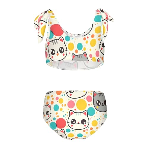 Girls' Bikini Set, Colorful Dots Cartoon Cat Face Kids Swimsuit 2 Pcs Beach Bathing Suit2