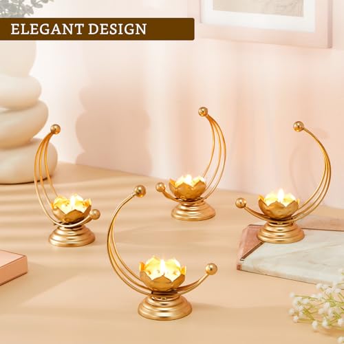 Image of Amazon Brand - Solimo Designer Metal Tealight Candle Holder for Home Decor & Gifting, Gold (Pack of 4) | Moon-Shaped Iron Frame | 12.5 x 6.5 x 15.5 cm Each
