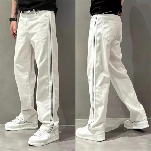 Men Ummer Thin Loose Striped Pants Straight Cylinder Design Trendy Loose White Jeans2