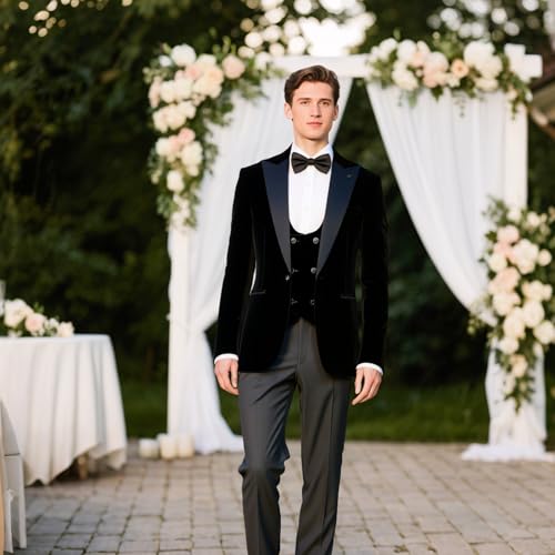 Mens Velvet Suit 3 Piece Slim Fit Tuxedo Peak Lapel Formal Blazer One Button Jacket Vest Pants for Prom Wedding3