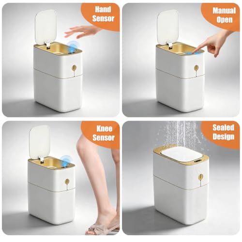 Image of funest Smart Bathroom Trash Can with Lid, 3.6 Gallon Slim Motion Gold Sensor Garbage Bin with Inner Bucket, Trash Can with Lid Waterproof for Kitchen Office