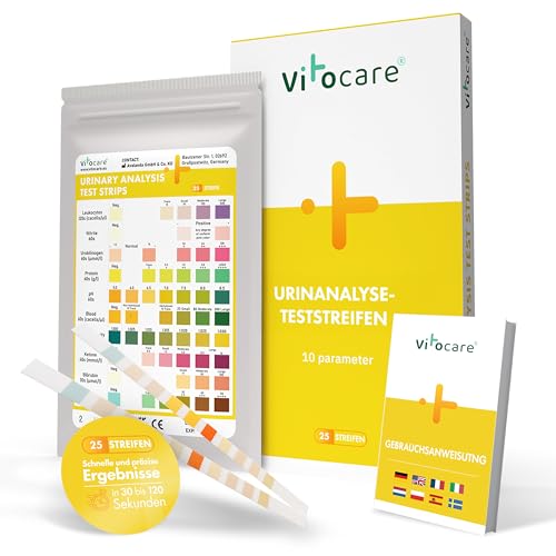 vitocare 25x oder 125x Urin Teststreifen mit 10 Parametern Selbsttest bei Blasenentzündung Urinteststreifen Harnwegsinfekt unterstützt beim Abnehmen mit Low Carb Ketogene Ernährung (25)