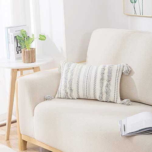 Decoruhome Boho Lumbar Decorative Throw Pillow Cover For Bed Bedroom Neutral Accent Cushion Cover Tufted Woven Pillow Case, 12X20, Grey And White #TOP6
