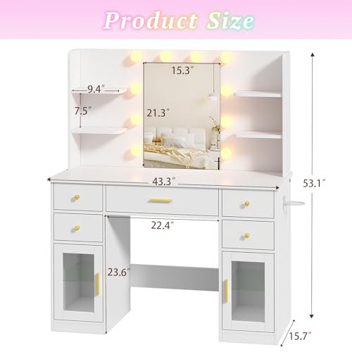 Image of Vanity Desk with Mirror and Lights, Charging Station, Makeup Vanity with 5 Drawers & 4 Open Storage Shelves, White Vanity Table with RGB Cabinets & Hairdryer Holder, Large Dressing Table for Women