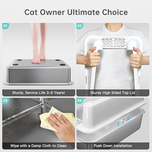 Image of WoofiGo Stainless Steel Cat Litter Box with Lid, XL Metal Litter Box for Big Cats, Extra Large Litter Box with High Sides, Never Absorbs Odors, Non-Sticky, Easy Clean, Anti-Urine Leakage, with Scoop