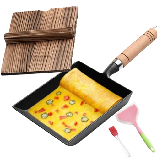 Image of GOVNPJ Cast Iron Tamagoyaki Pan Set - Japanese Omelette Pan with Wooden Lid, Silicone Spatula & Oil Brush - 13.78x5.9 Inch Egg Pan for Gas/Induction/All Stovetops