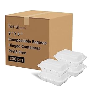 KARAT EARTH 9”x6” PFAS Free Compostable Bagasse Hinged Containers, KE-BHC96-1CFF – 200 ct