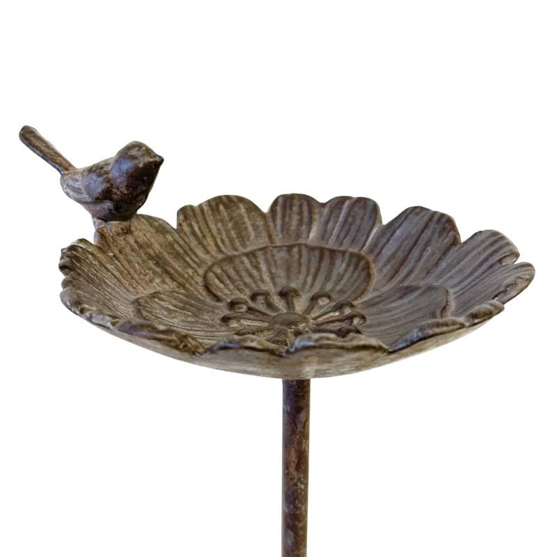 Bain Oiseau Fleur Coupelle à Oiseau Bénitier sur Pic Fonte et Acier Patiné Marron Tuteur 14,5x17,5x87cm