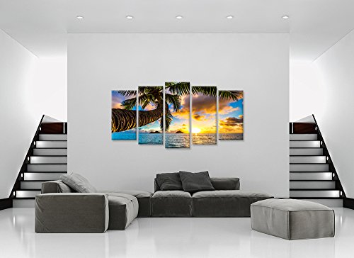Ihappywall 5 Panel Canvas Prints Wall Art Hawaii Tropical Beach With Palm Tree Sunset Landscape Picture Modern Painting On Canvas Stretched And Framed For Living Room Ready To Hang #TOP3