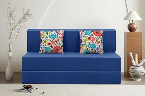Image of Rosebell Foldable 2 Seater Sofa Cum Bed, Sofa Bed 4X6 Feet, Jute Fabric- Washable Cover- Including Two Cushion Perfect for Home & Office-Blue Color
