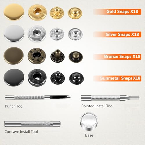 image for Alritz 17mm Leather Snap Fasteners Kit, 72 Set Metal Button Snaps Pres