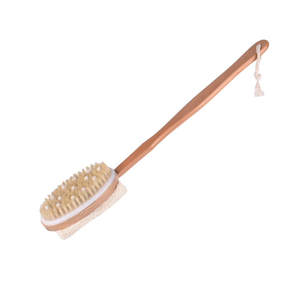Yardwe Bath Body Brush Natural Bristles Exfoliating Loofah Sponge Body Massager with Long Wooden Handle for Dry Brushing and Shower