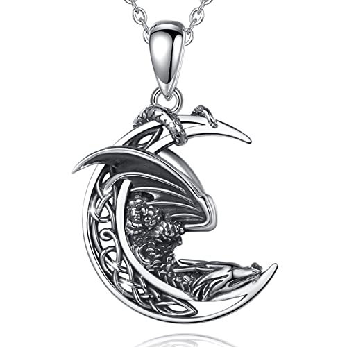AEONSLOVE Collar Dragón Plata de Ley 925 para Hombre Mujer Colgante Luna Vintage Joyas Vikingas para Chica Chico, Amuleto Buena Suerte, Chaîne de 45,7 CM