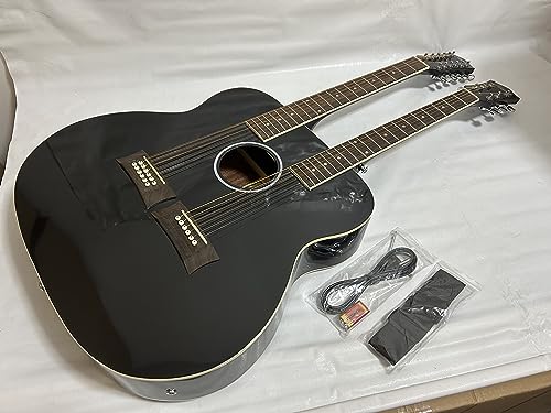 Ktone 6/12 String Acoustic Electric Double Neck Guitar, Black with Case