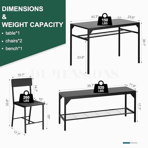 Shintenchi Kitchen Table Chairs Set of 4, Dining Table Set for 4 with Bench and Chairs, 4 Pieces Kitchen Table Set with Storage Rack & Metal Frame for Small Space, Black - Image 5