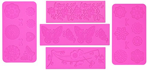5pc Cake Decorating Molds- Premium Silicone Decoration Molds for Sugarcraft, Fondant, Gumpaste, Resin Mold, Lace Embossing Impression DIY Cake Fondant Decorating Mold -(set of 5)- Pink